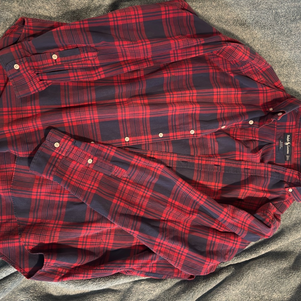 Red and blue RL Plaid Button-Up Shirt